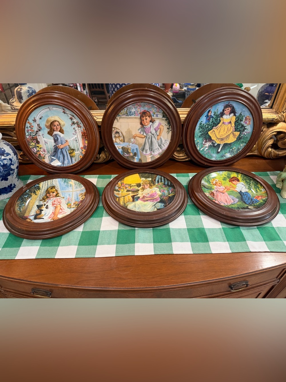 Set of 6 Framed Vintage Style Girls Wall Plaques in Brown